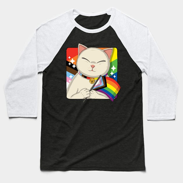 Cute Cat Holding Progress Pride Flag Baseball T-Shirt by Japanese Neko